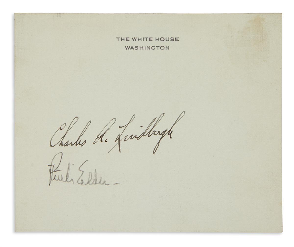 (AVIATORS.) LINDBERGH, CHARLES A. Signature, on a White House card.